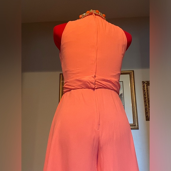 VTG 60s / 70s Coral Halter Wide / Balloon Leg Jumpsuit W Embellished Collar - Picture 6 of 13